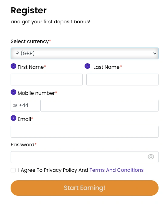 Registration form at Golden Genie Casino